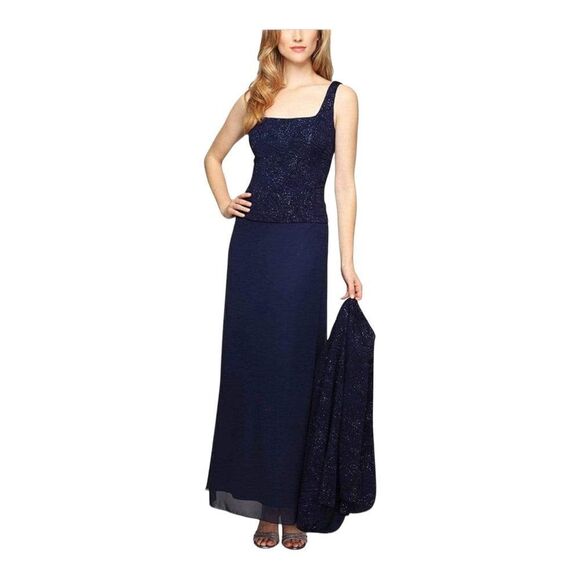 Alex Evenings Navy Jacquard Knit Glittered Evening Dress 16 NWT No Jacket. - Picture 1 of 6